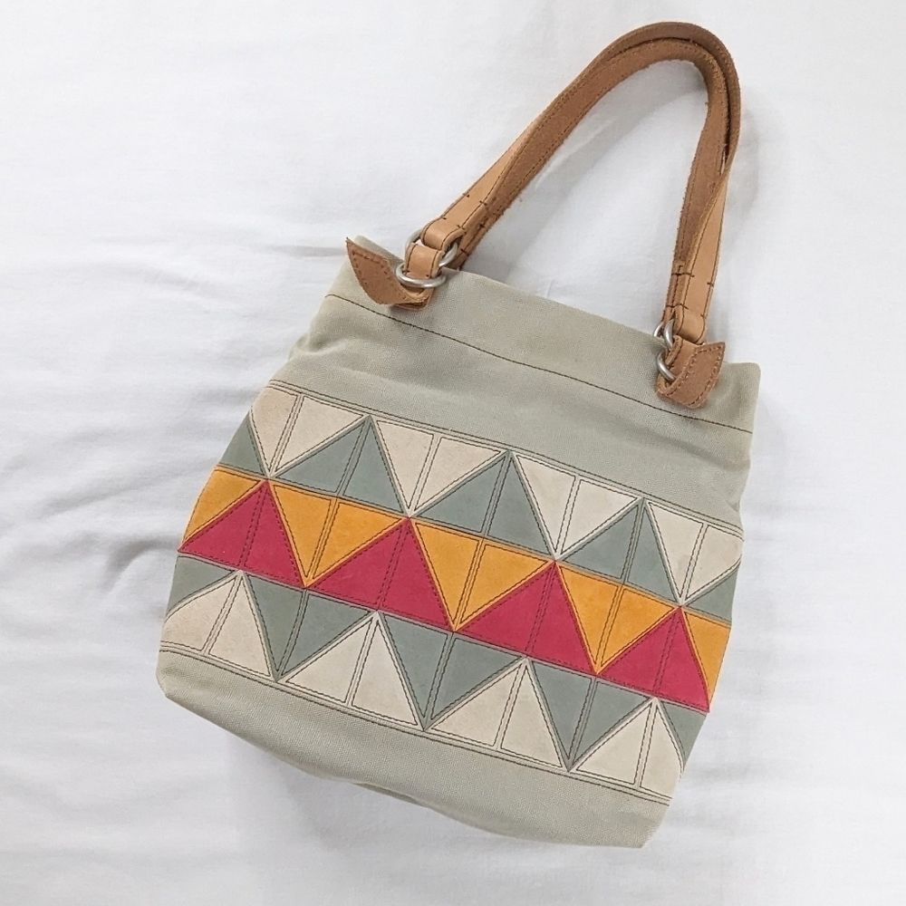 Fossil Canvas Pink Gray Patchwork Diamond Triangle Leather Strap Tote Bag
